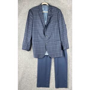 J.Hilburn Wool 2 Piece Suit Blazer Blue Plaid 43R Pant 34x30 Bespoke